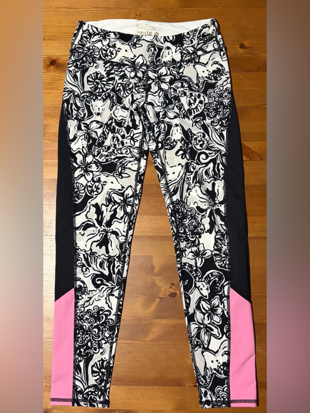 Lilly Pulitzer Black & White Floral Leggings with Pink Accents